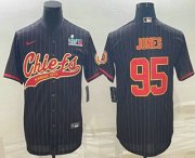 Wholesale Cheap Men's Kansas City Chiefs #95 Chris Jones Black Pinstripe With Super Bowl LVII Patch Cool Base Stitched Baseball Jersey