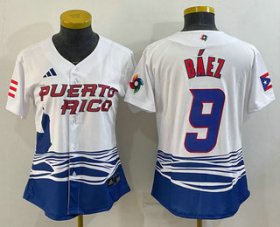 Wholesale Cheap Women\'s Puerto Rico Baseball #9 Javier Baez White 2023 World Baseball Classic Stitched Jersey