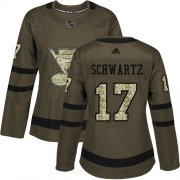 Wholesale Cheap Adidas Blues #17 Jaden Schwartz Green Salute to Service Women's Stitched NHL Jersey