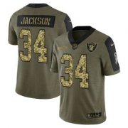 Wholesale Cheap Men's Olive Las Vegas Raiders #34 Bo Jackson 2021 Camo Salute To Service Limited Stitched Jersey