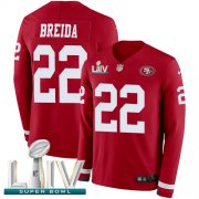 Wholesale Cheap Nike 49ers #22 Matt Breida Red Super Bowl LIV 2020 Team Color Men's Stitched NFL Limited Therma Long Sleeve Jersey