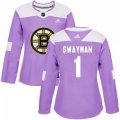 Wholesale Cheap Women's Boston Bruins #1 Jeremy Swayman Adidas Authentic Fights Cancer Practice Jersey - Purple