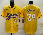Wholesale Cheap Men's Los Angeles Lakers #24 Kobe Bryant Number Yellow With Patch Cool Base Stitched Baseball Jersey