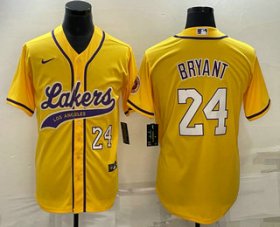 Wholesale Cheap Men\'s Los Angeles Lakers #24 Kobe Bryant Number Yellow With Patch Cool Base Stitched Baseball Jersey