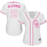 Wholesale Cheap Rockies #19 Charlie Blackmon White/Pink Fashion Women's Stitched MLB Jersey