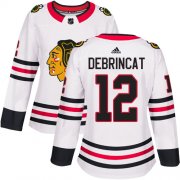 Wholesale Cheap Adidas Blackhawks #12 Alex DeBrincat White Road Authentic Women's Stitched NHL Jersey