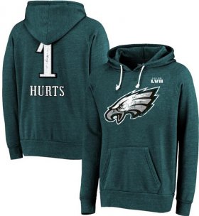 Wholesale Cheap Men\'s Philadelphia Eagles #1 Jalen Hurts Midnight Green Super Bowl LVII Name & Number Pullover Hoodie