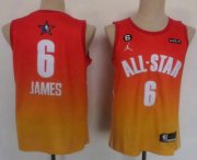 Wholesale Cheap Men's Los Angeles Lakers #6 LeBron James Orange 2022 All Star 6 Patch Icon Sponsor Swingman Jersey