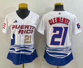 Wholesale Cheap Women\'s Puerto Rico Baseball #21 Roberto Clemente Number 2023 White World Classic Stitched Jersey
