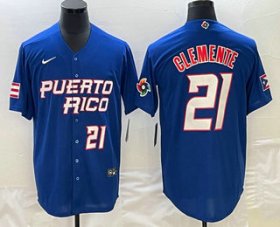 Wholesale Cheap Men\'s Puerto Rico Baseball #21 Roberto Clemente Number 2023 Blue World Classic Stitched Jerseys