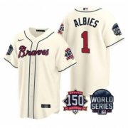 Wholesale Cheap Men Atlanta Braves 1 Ozzie Albies 2021 Cream World Series With 150th Anniversary Patch Cool Base Stitched Jersey