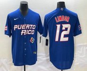 Wholesale Cheap Men's Puerto Rico Baseball #12 Francisco Lindor 2023 Royal World Classic Stitched Jersey