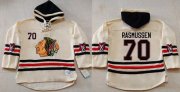 Wholesale Cheap Blackhawks #70 Dennis Rasmussen Cream Heavyweight Pullover Hoodie Stitched NHL Jersey