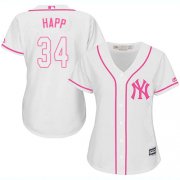 Wholesale Cheap Yankees #34 J.A. Happ White/Pink Fashion Women's Stitched MLB Jersey