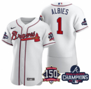 Wholesale Cheap Men's White Atlanta Braves #1 Ozzie Albies 2021 World Series Champions With 150th Anniversary Flex Base Stitched Jersey