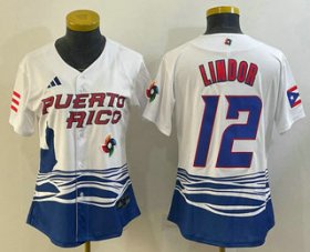 Wholesale Cheap Women\'s Puerto Rico Baseball #12 Francisco Lindor 2023 White World Classic Stitched Jerseys