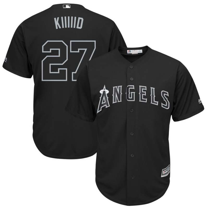 Wholesale Cheap Angels of Anaheim #27 Mike Trout Black "Kiiiiid" Players Weekend Cool Base Stitched MLB Jersey